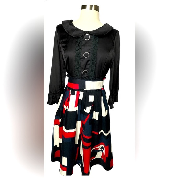 Vintage Black Button Front Dress with Abstract Geometric Skirt – Size M - Picture 1 of 2